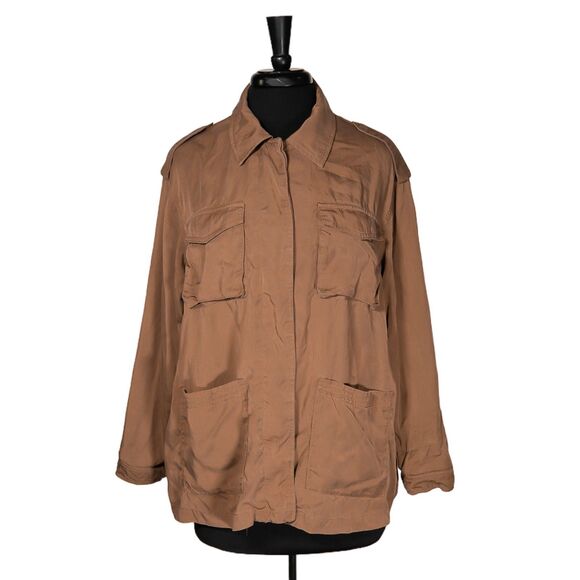 H&M Women's Brown Utility Jacket Oversized Field Cargo Twill Button Coat Small - Picture 1 of 10